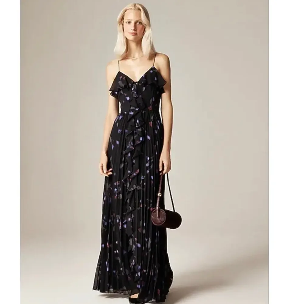 J. Crew Collection Chiffon Ruffle Dress Space Floral Print Black Size 14 NWT